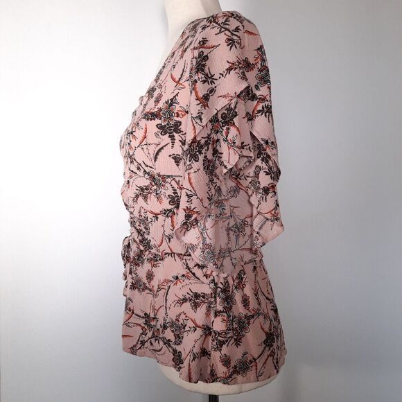 Maurice's Ruched Front Romantic Boho Gauzy Peplum Blouse Pink Floral Size Small - Picture 2 of 12